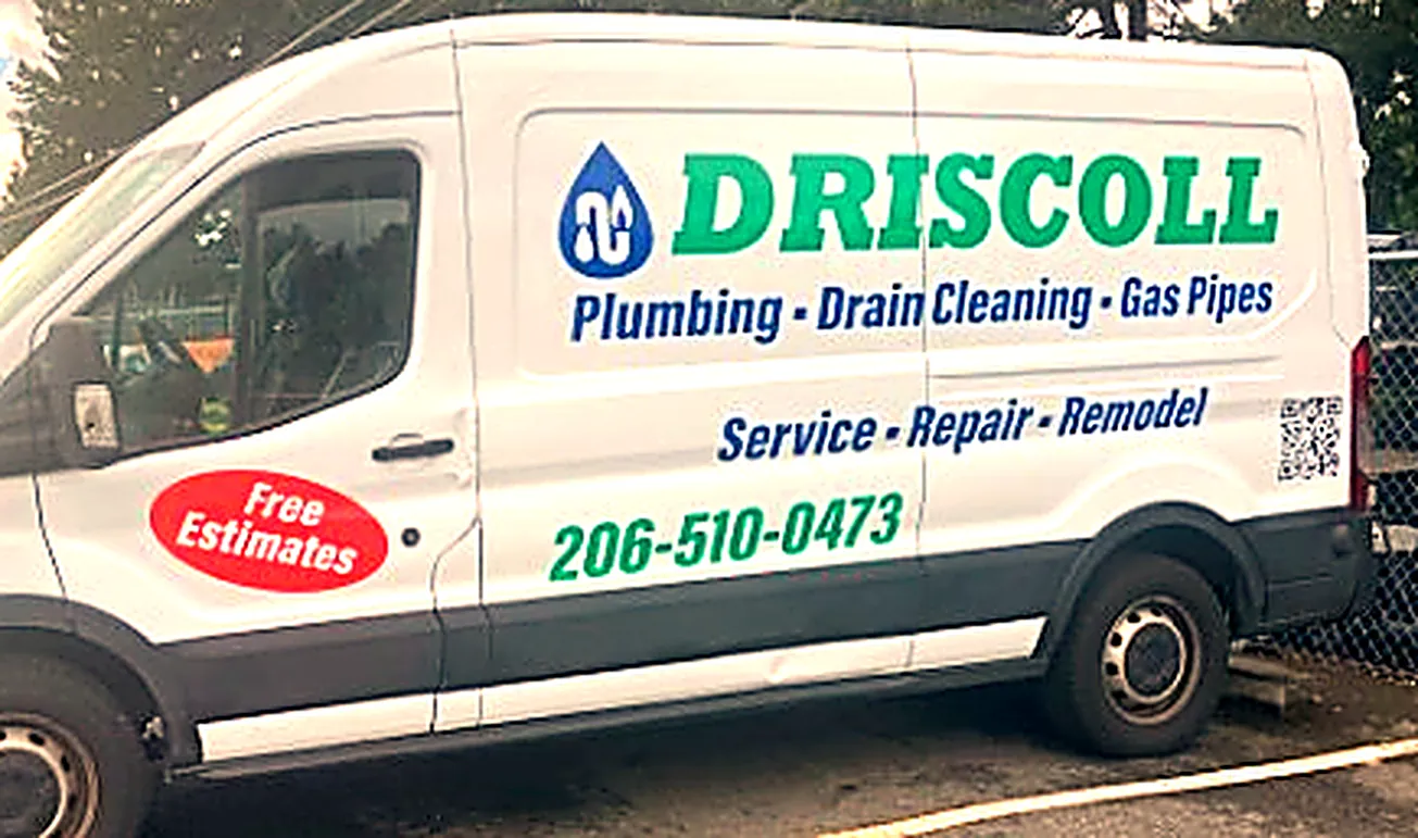 The Driscoll Plumbing van — plumbing, drain cleaning and gas pipes