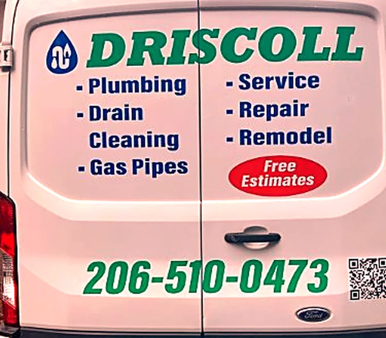 The back of the Driscoll Plumbing van: plumbing, drain cleaning, gas pipes — service, repair, remodel. Free estimates.